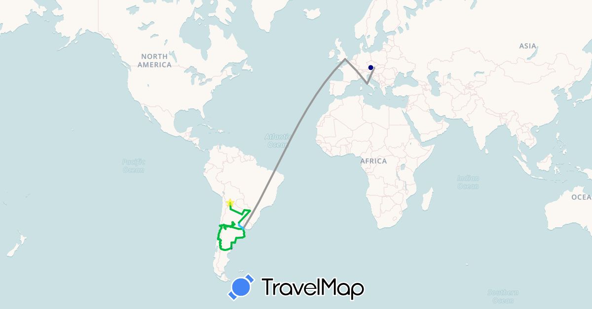 TravelMap itinerary: driving, bus, plane, boat in Argentina, Austria, Bolivia, Chile, United Kingdom, Italy, Paraguay (Europe, South America)